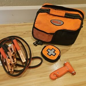 Vehicle First Aid Kit with Jumper cables and safety tool